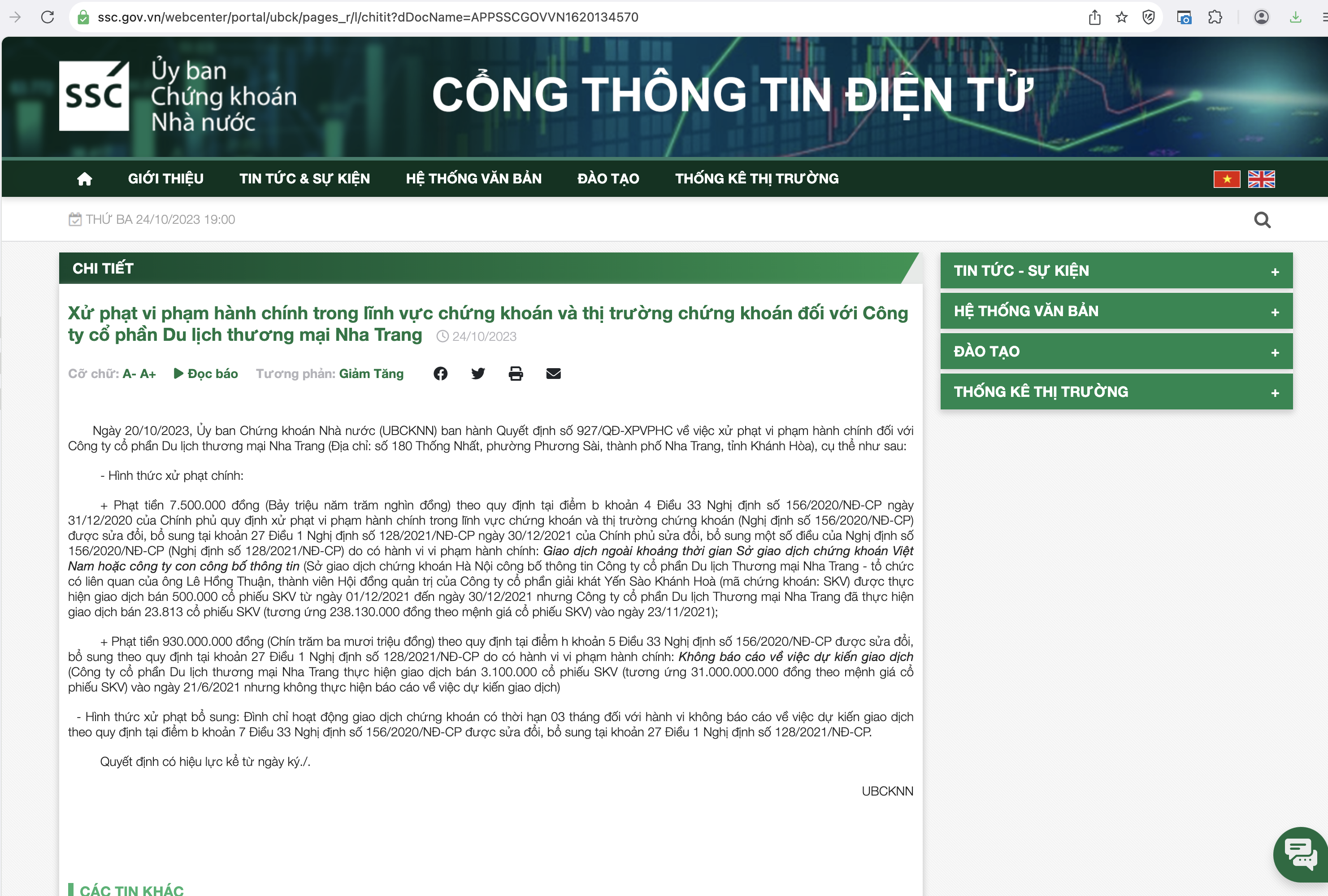 Bán chui cổ phiếu SKV, CTCP du lịch thương mại Nha Trang bị phạt gần 1 tỷ đồng